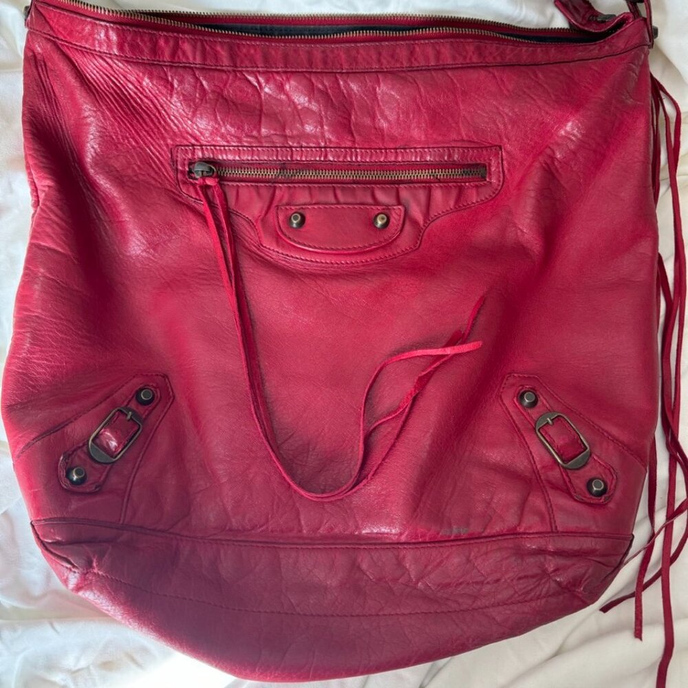 Auth Balenciaga Red Leather Day Shoulder Hobo Bag